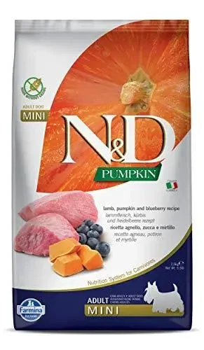 Farmina N&D Pumpkin Dry Dog Food, Grain-Free, Adult Mini Breed, 2.5-kg, Lamb and Blueberry